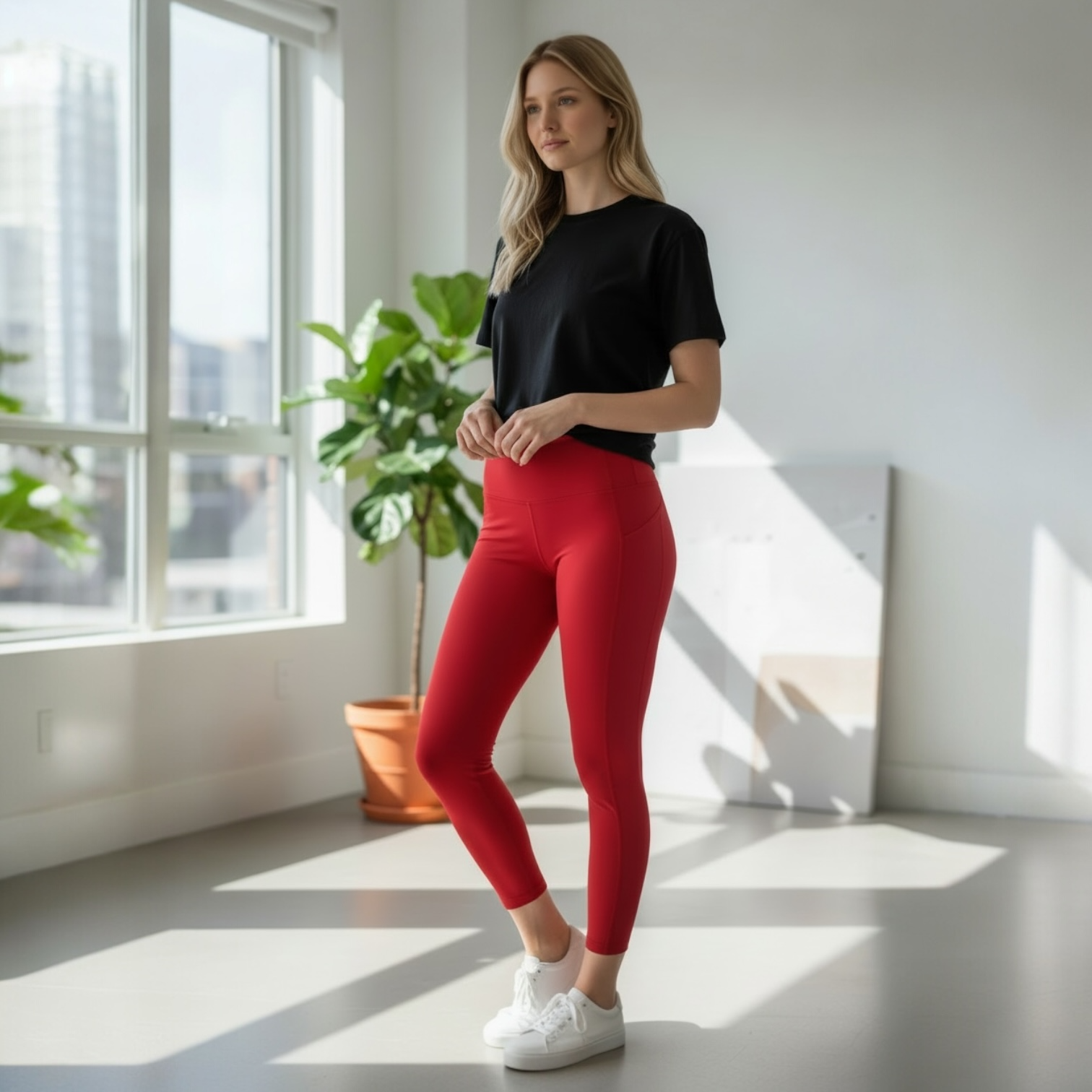 women wearing a black cropped top and red leggings